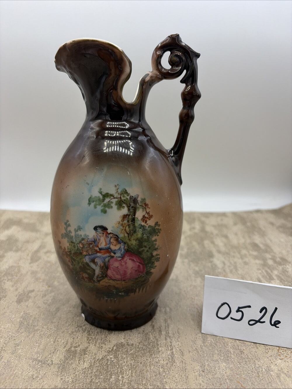 Vintage Czechoslovakia Small Ceramic Pitcher Victorian Brown 8” Tall
